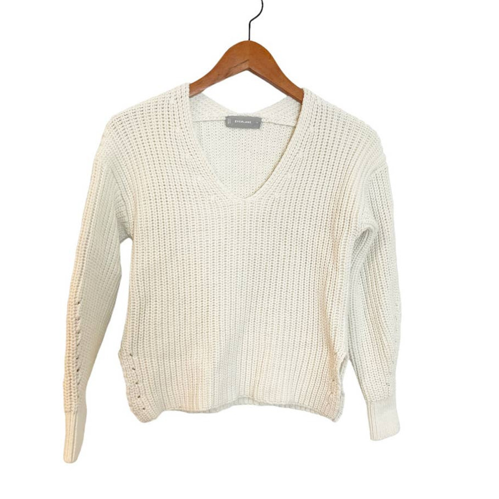 Everlane Ribbed V Neck Cropped Pullover Sweater Long Sleeve Solid Cream Size XS
